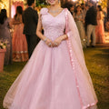Elegant Pink Net Heavy Embroidered Gown with Designer Dupatta for Wedding and Reception