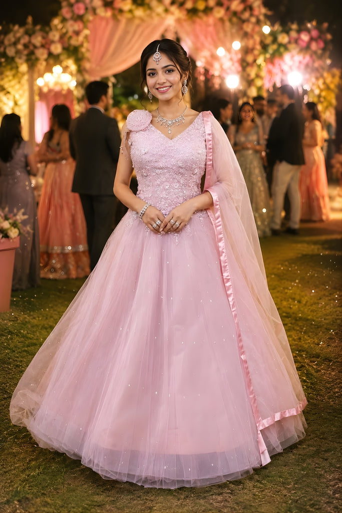 Elegant Pink Net Heavy Embroidered Gown with Designer Dupatta for Wedding and Reception