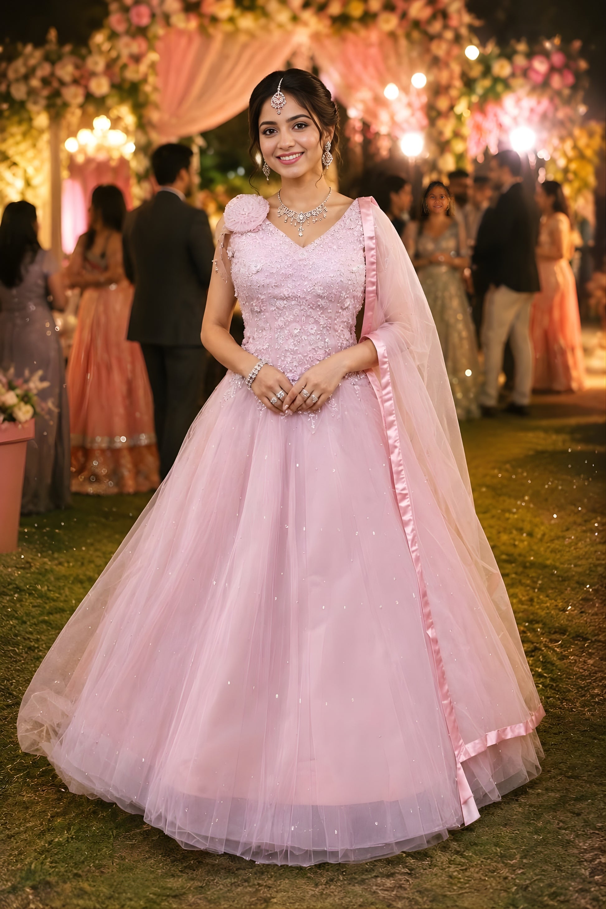 Elegant Pink Net Heavy Embroidered Gown with Designer Dupatta for Wedding and Reception