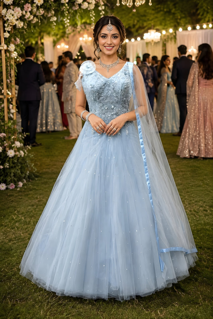 Stylish Sky Blue Net Heavy Embroidered Gown with Designer Dupatta for Wedding and Reception