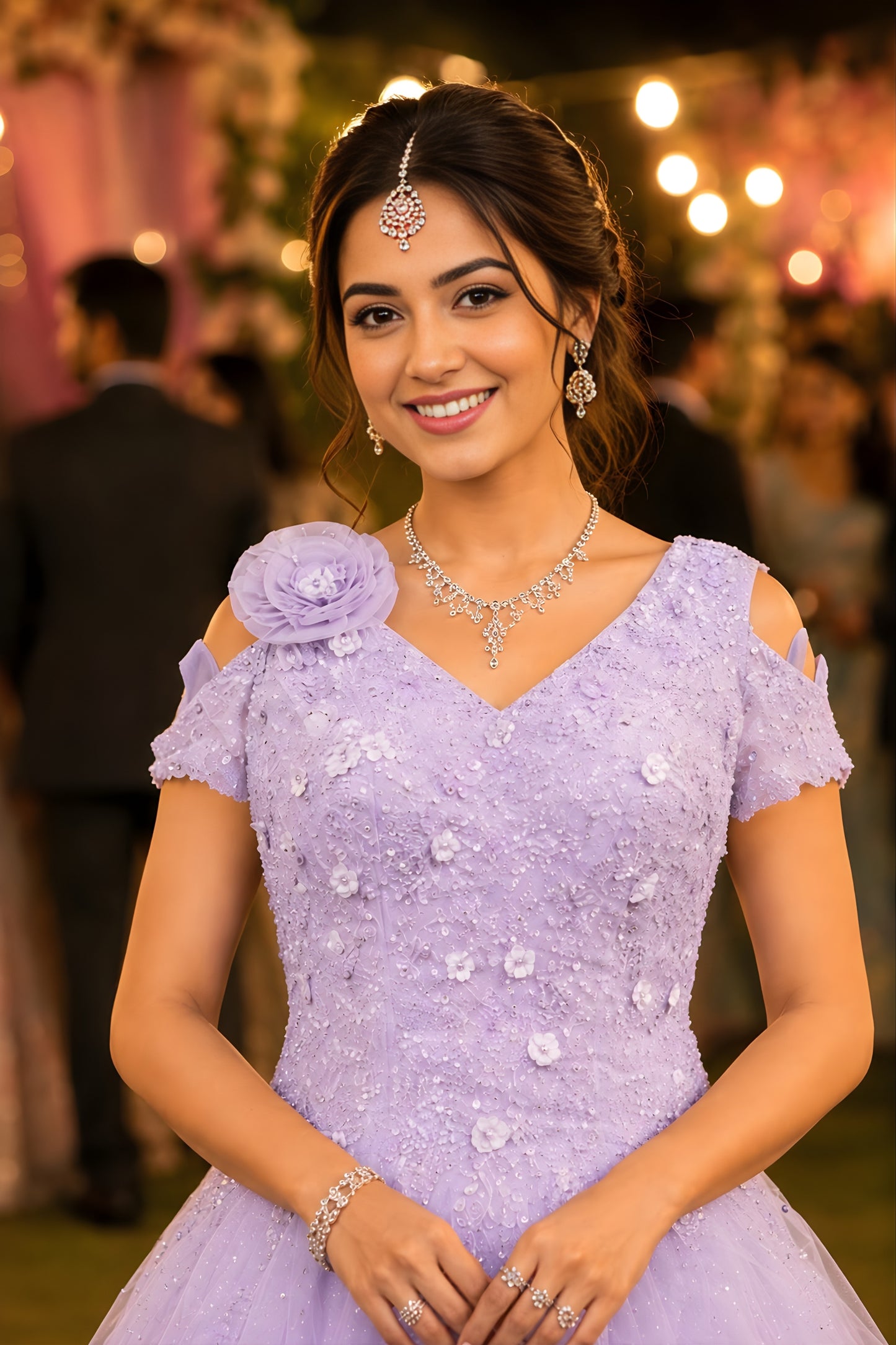 Wonderful Lavender Net Heavy Embroidered Gown with Designer Dupatta for Wedding and Reception Wear