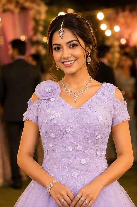 Wonderful Lavender Net Heavy Embroidered Gown with Designer Dupatta for Wedding and Reception Wear