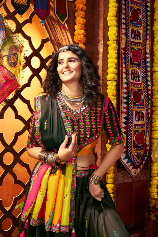 Black Multicolor Embroidered Navratri Chaniya Choli with Dupatta