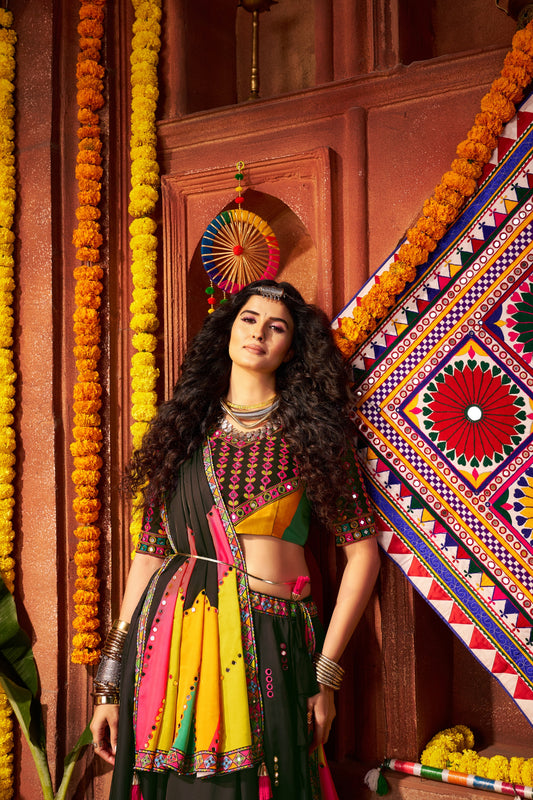 Black Multicolor Embroidered Navratri Chaniya Choli with Dupatta