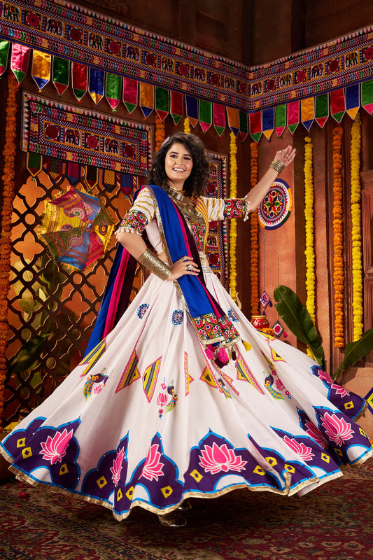 White Multicolor Embroidered Navratri Chaniya Choli with Dupatta