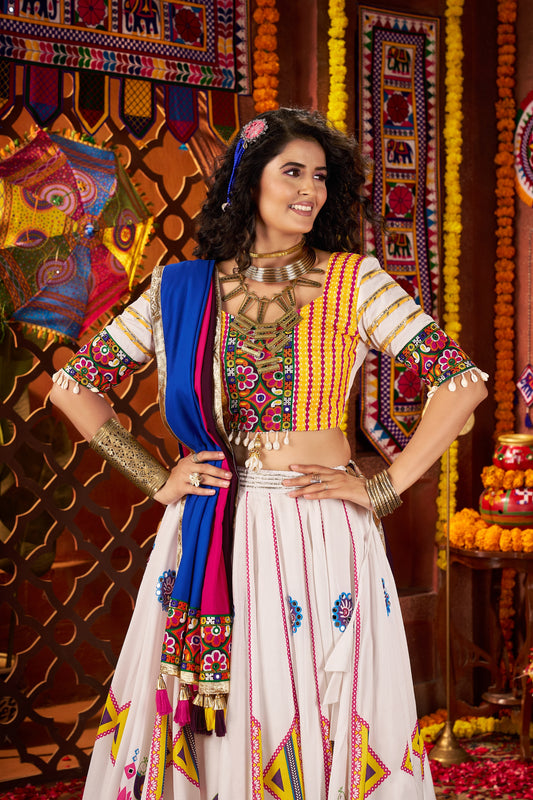 White Multicolor Embroidered Navratri Chaniya Choli with Dupatta