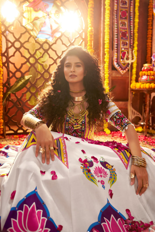 White Multicolor Embroidered Navratri Chaniya Choli with Dupatta
