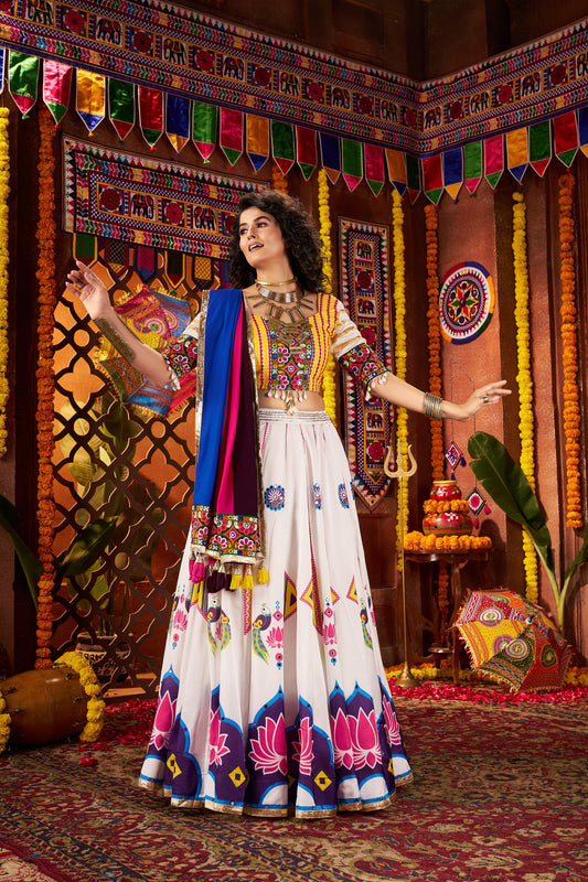 White Multicolor Embroidered Navratri Chaniya Choli with Dupatta