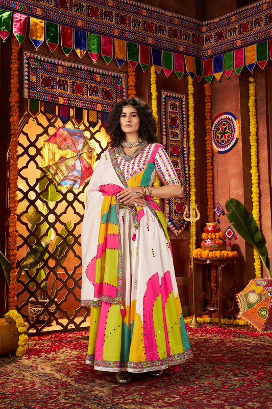 Stylish White Multicolor Embroidered Navratri Chaniya Choli with Dupatta