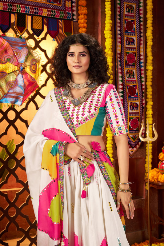 Stylish White Multicolor Embroidered Navratri Chaniya Choli with Dupatta
