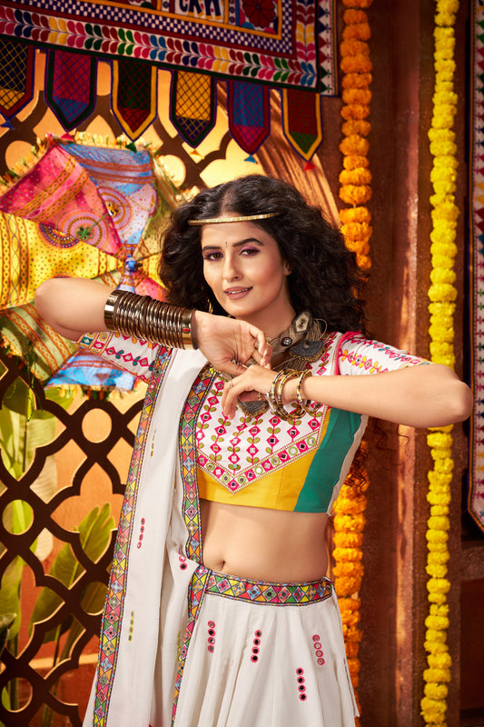 Stylish White Multicolor Embroidered Navratri Chaniya Choli with Dupatta