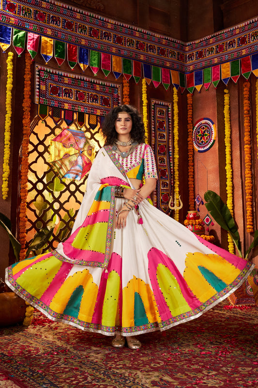 Stylish White Multicolor Embroidered Navratri Chaniya Choli with Dupatta