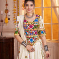 Wonderful White Gujarati Navratri Chaniya Choli with Embroidered Blouse and Dupatta