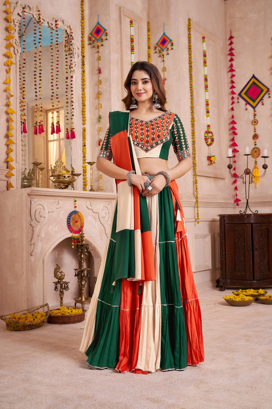 Tricolor Viscose Cotton Navratri Lehenga Choli with Mirror Work and Embroidered Blouse