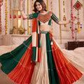 Tricolor Viscose Cotton Navratri Lehenga Choli with Mirror Work and Embroidered Blouse