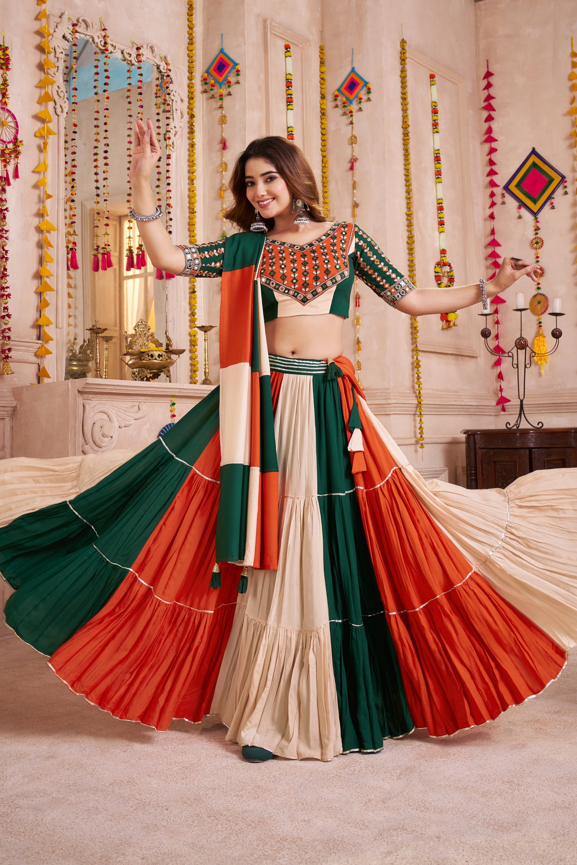 Tricolor Viscose Cotton Navratri Lehenga Choli with Mirror Work and Embroidered Blouse