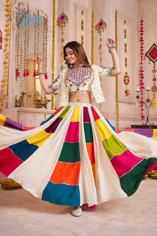 White Gujarati Patchwork Navratri Chaniya Choli with Embroidered Blouse and Dupatta