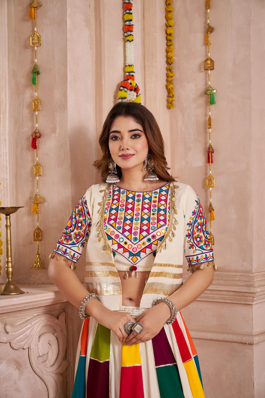 White Gujarati Patchwork Navratri Chaniya Choli with Embroidered Blouse and Dupatta