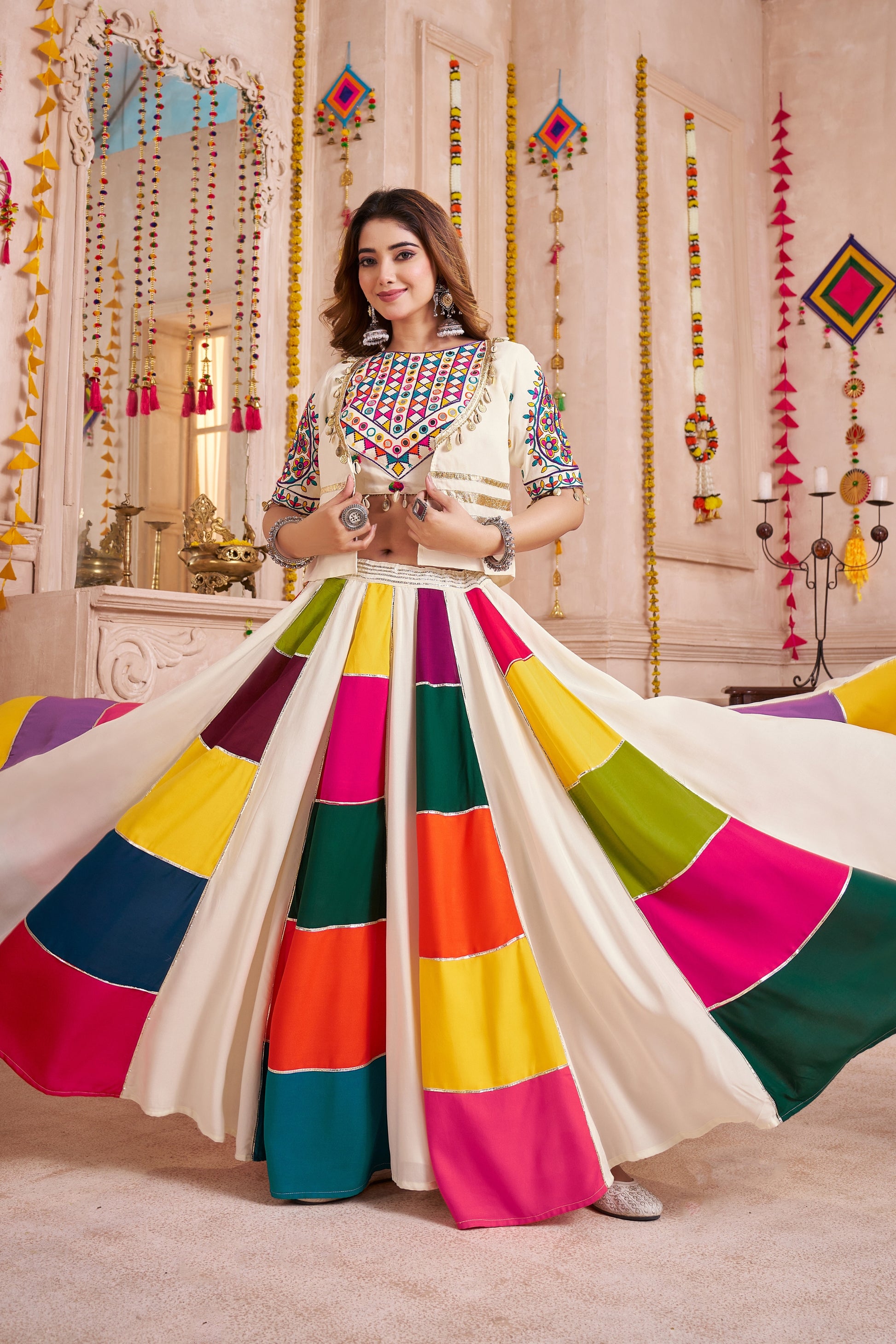 White Gujarati Patchwork Navratri Chaniya Choli with Embroidered Blouse and Dupatta