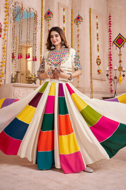 White Gujarati Patchwork Navratri Chaniya Choli with Embroidered Blouse and Dupatta