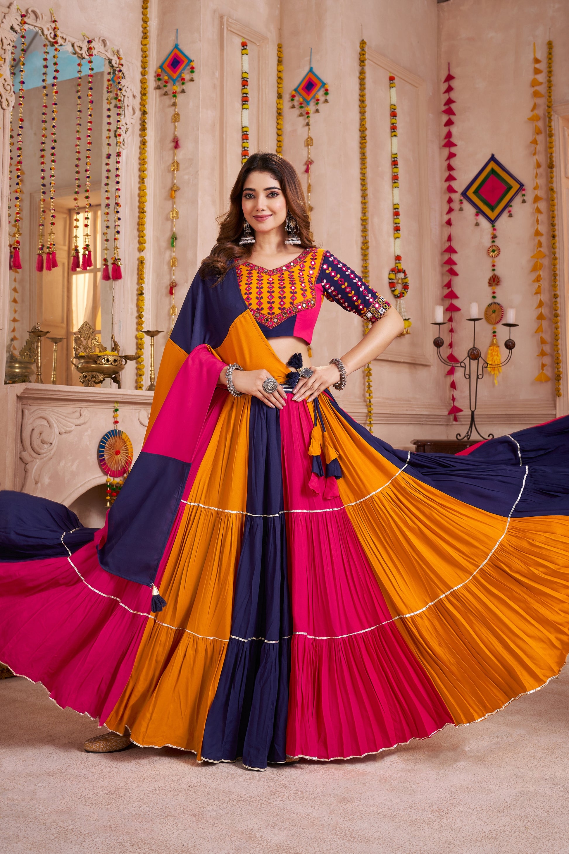 Festive Multicolor Gujarati Navratri Chaniya Choli with Embroidered Blouse and Dupatta