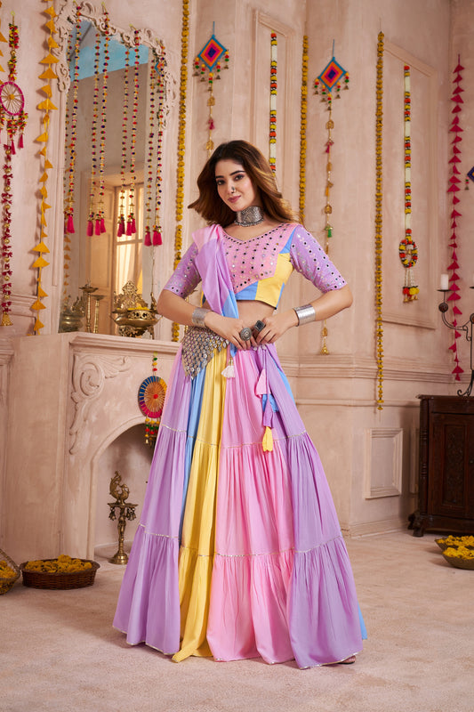 Light Multicolor Gujarati Navratri Chaniya Choli with Embroidered Blouse and Dupatta