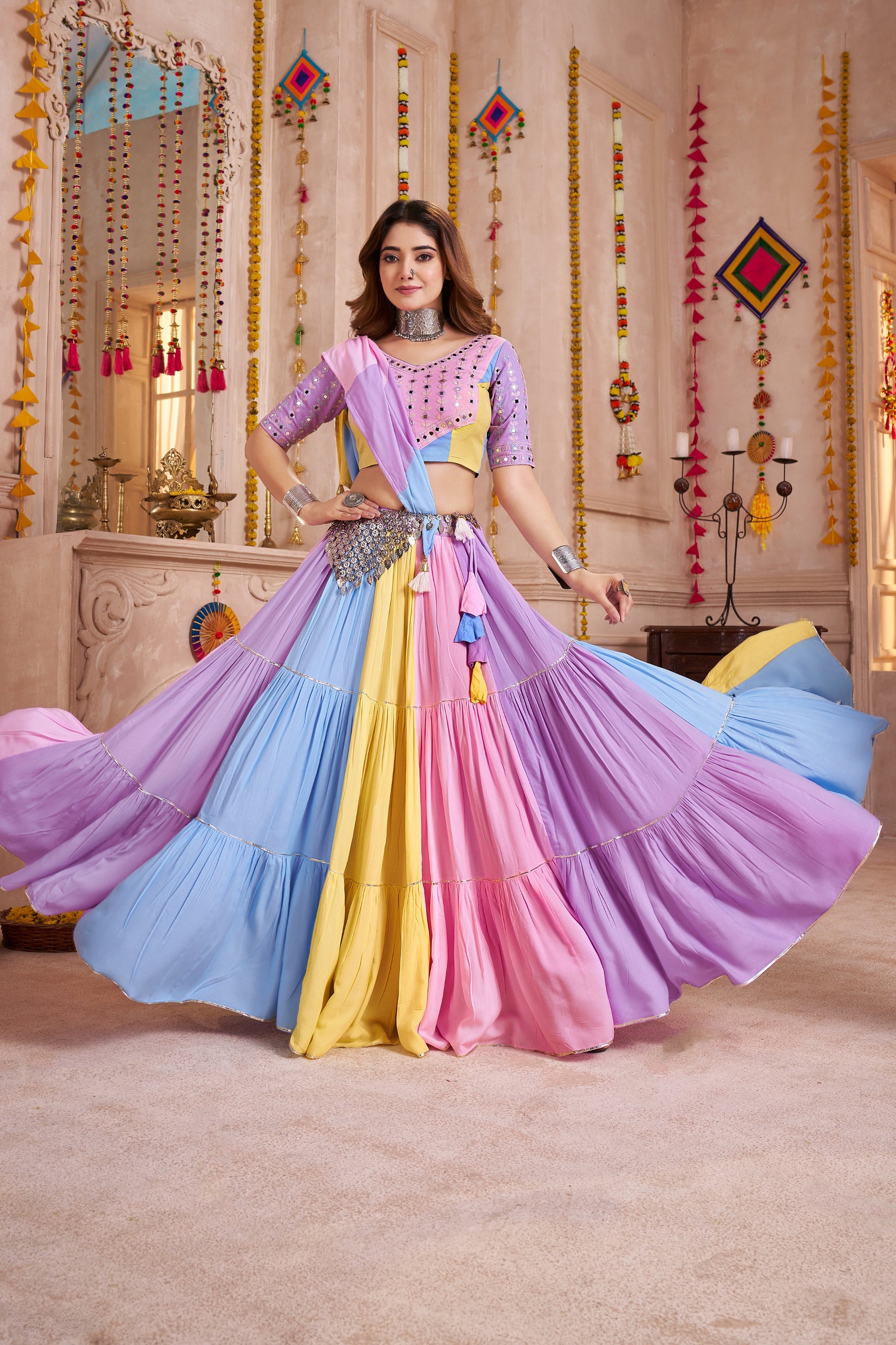 Light Multicolor Gujarati Navratri Chaniya Choli with Embroidered Blouse and Dupatta