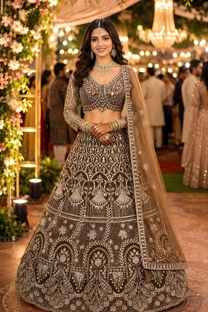 Graceful Brown Net Embroidered Designer Lehenga Choli with Dupatta for Wedding