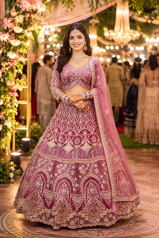 Stylish Pink Net Embroidered Designer Lehenga Choli with Dupatta for Wedding