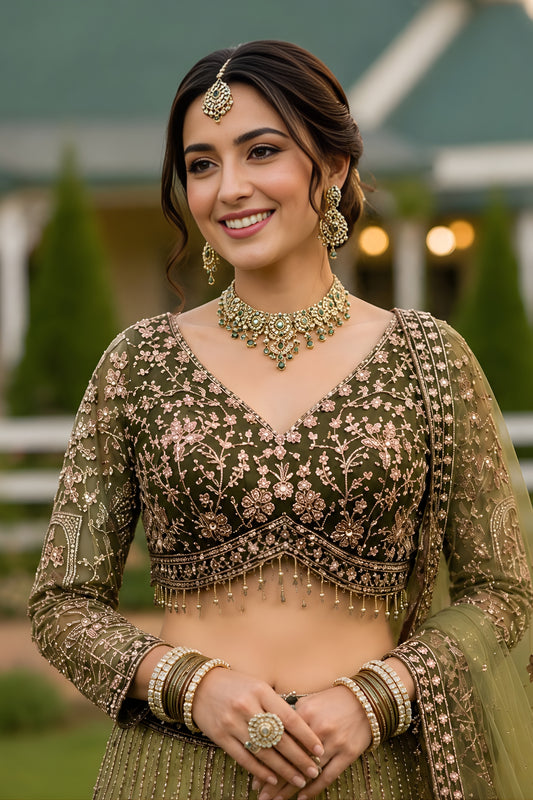 Elegant Olive Green Designer Lehenga Choli with Heavy Embroidery Work and Soft Net Dupatta