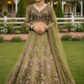 Elegant Olive Green Designer Lehenga Choli with Heavy Embroidery Work and Soft Net Dupatta