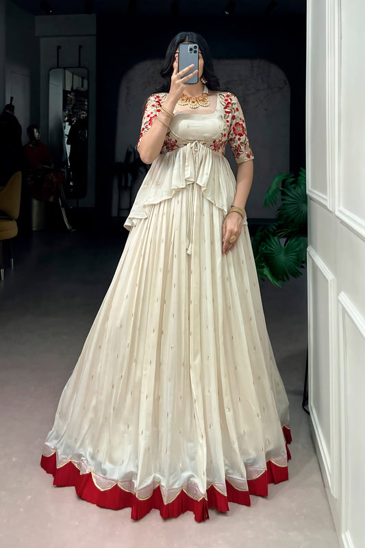 Trendy Off White Chocolate Silk Embroidered Lehenga Choli with Red Border for Women
