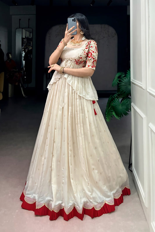 Trendy Off White Chocolate Silk Embroidered Lehenga Choli with Red Border for Women