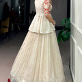 Trendy Off White Chocolate Silk Embroidered Lehenga Choli with Red Border for Women