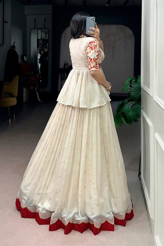 Trendy Off White Chocolate Silk Embroidered Lehenga Choli with Red Border for Women