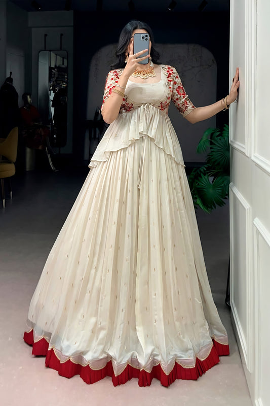Trendy Off White Chocolate Silk Embroidered Lehenga Choli with Red Border for Women