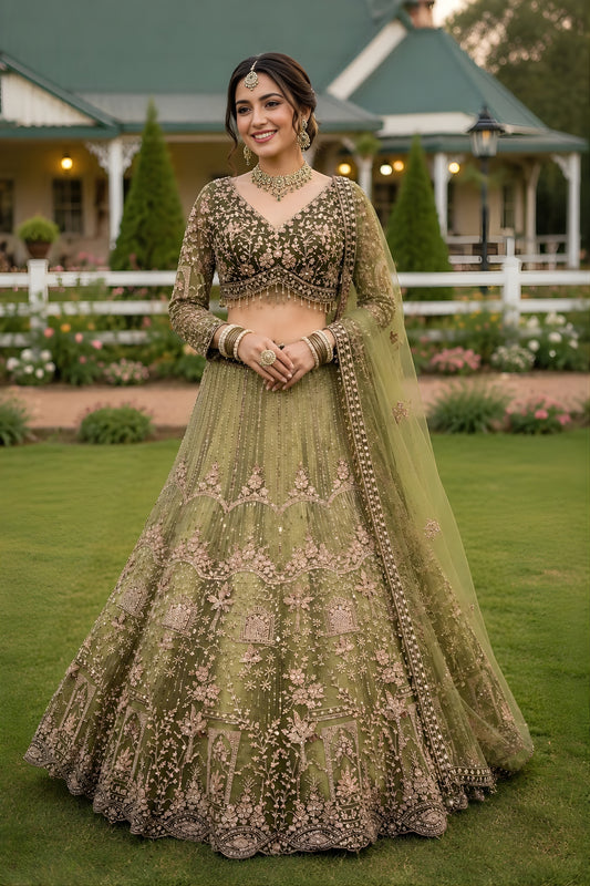 Elegant Olive Green Designer Lehenga Choli with Heavy Embroidery Work and Soft Net Dupatta