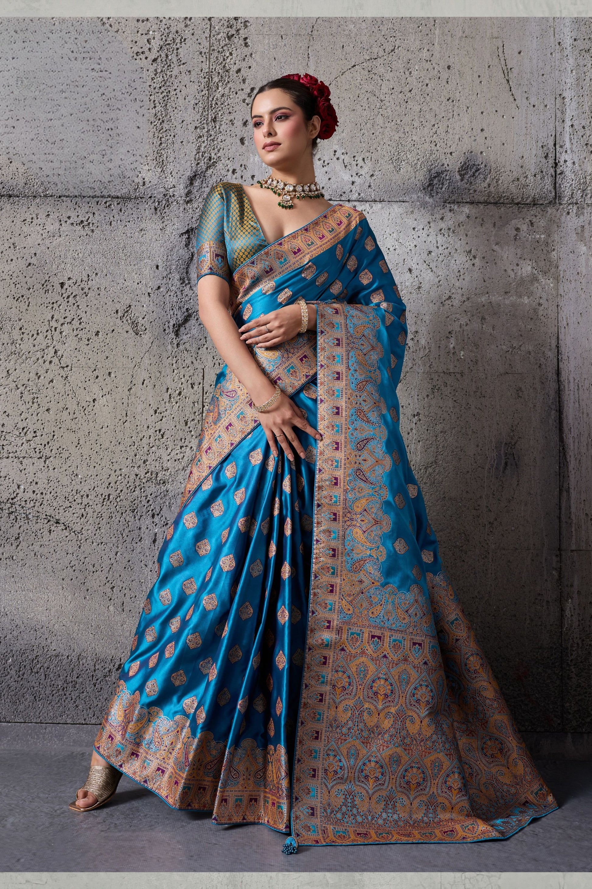 Royal Blue Premium Makhmal Satin Silk Saree Woven Zari Work for Women