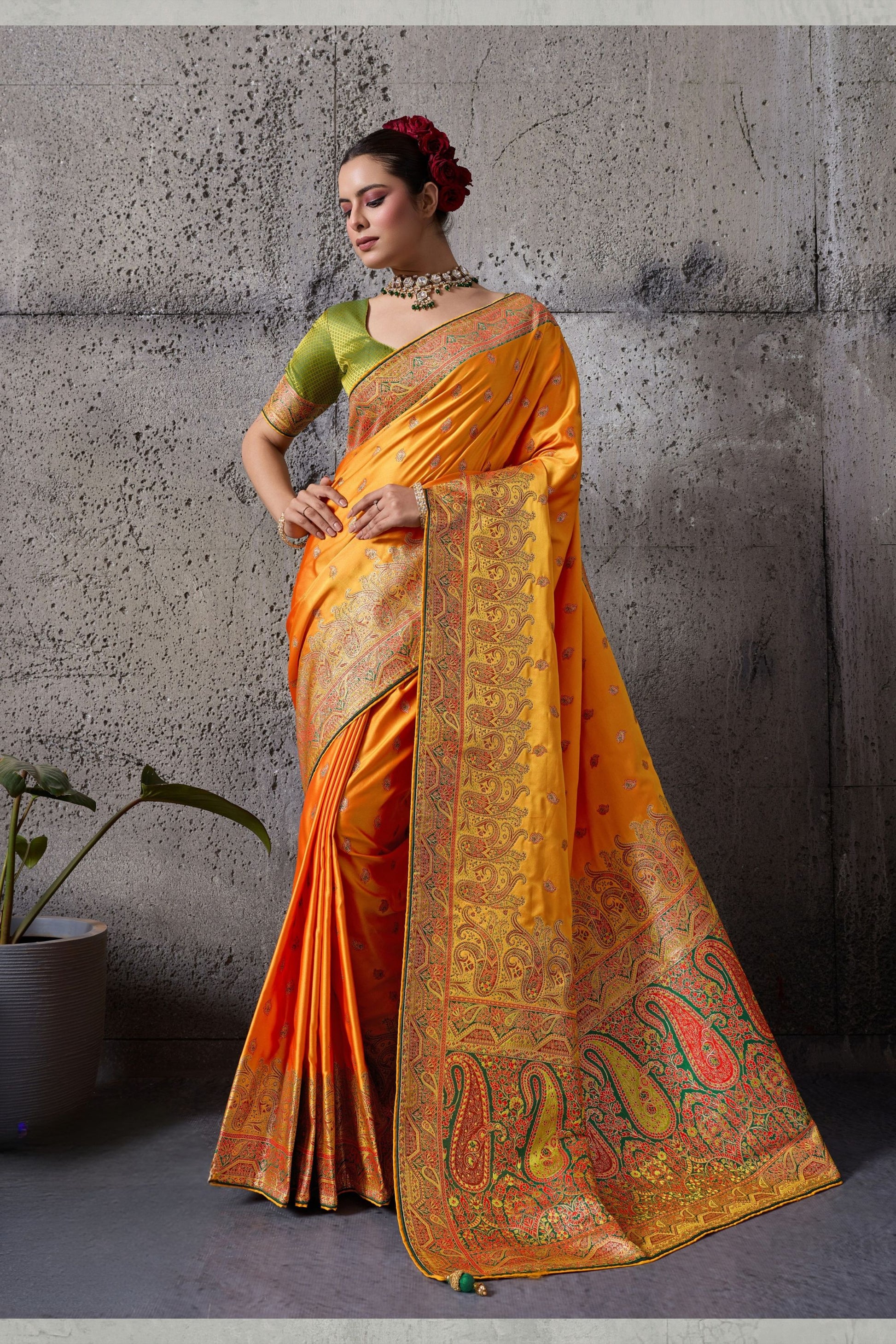 Vibrant Orange Premium Makhmal Satin Silk Saree Meenakari Weaving for Women