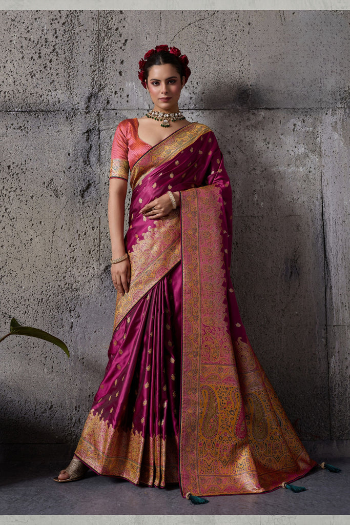 Gorgeous Wine Premium Makhmal Satin Silk Saree Meenakari Weaving for Women