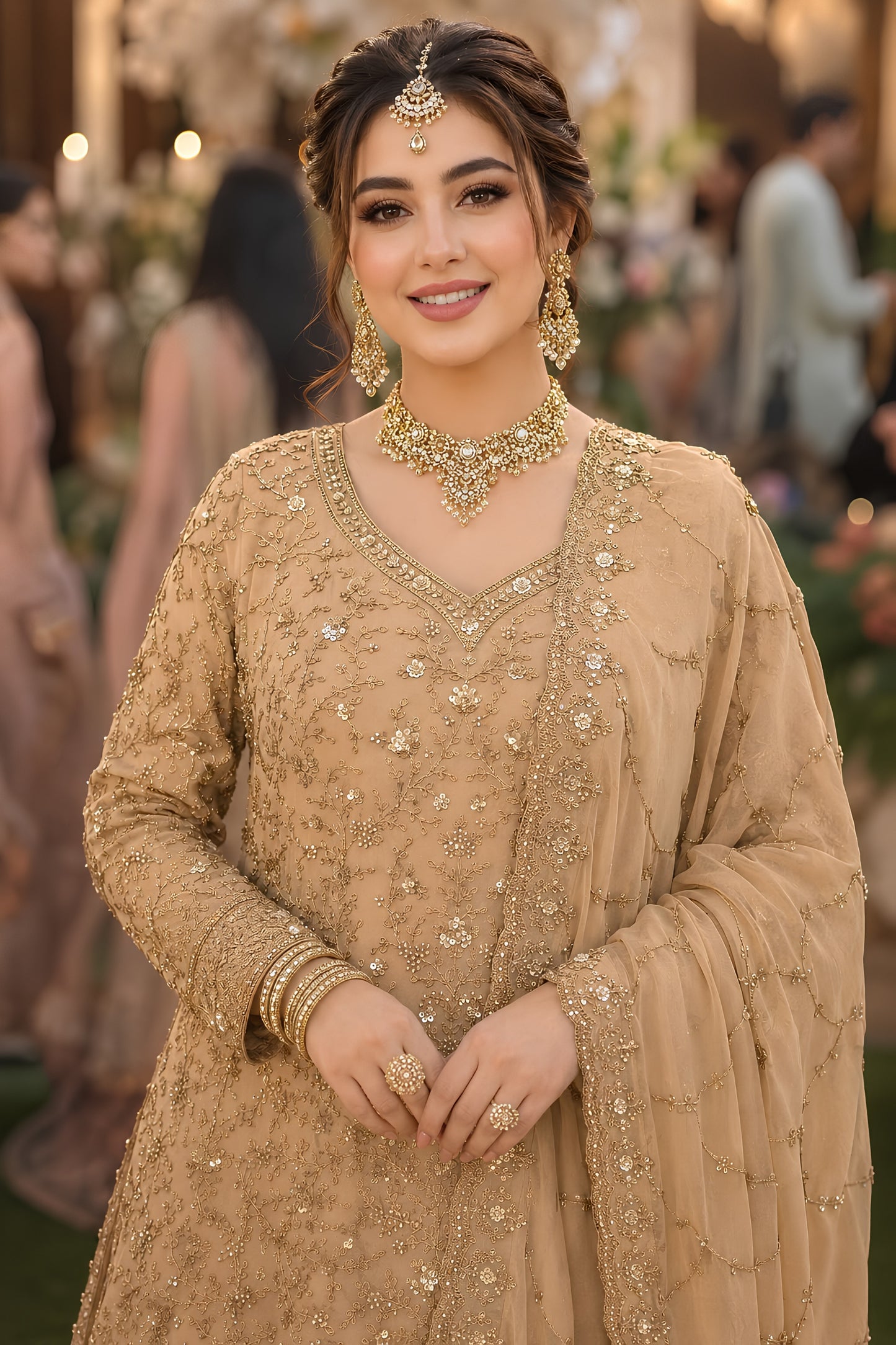 Luxury Beige Banarasi Silk Indo Western Lehenga with Heavy Embroidery Work for Women