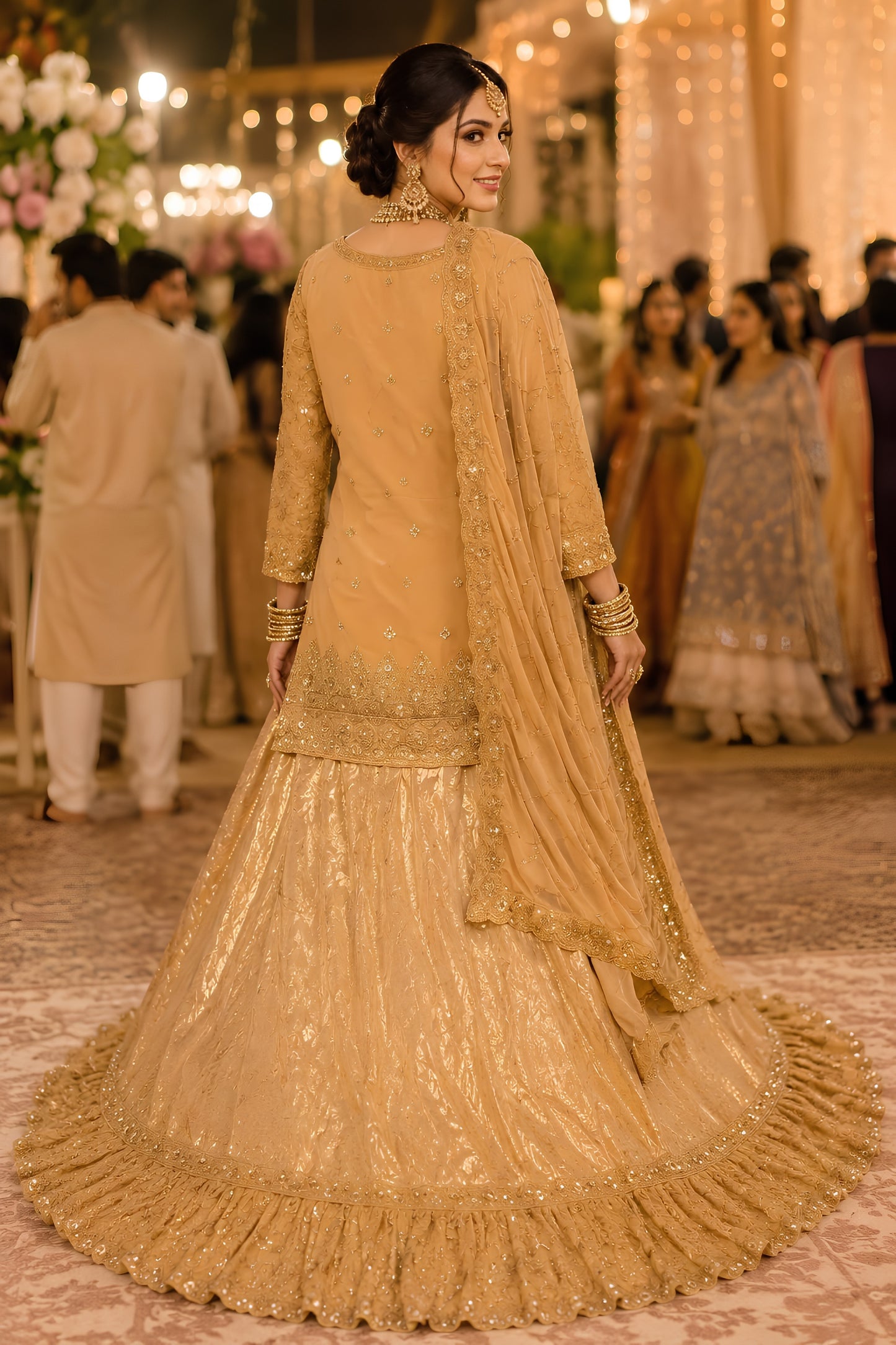Luxury Beige Banarasi Silk Indo Western Lehenga with Heavy Embroidery Work for Women