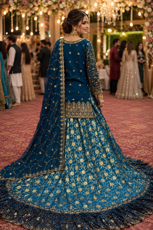 Royal Navy Blue Banarasi Silk Indo Western Lehenga with Heavy Embroidery Work for Women