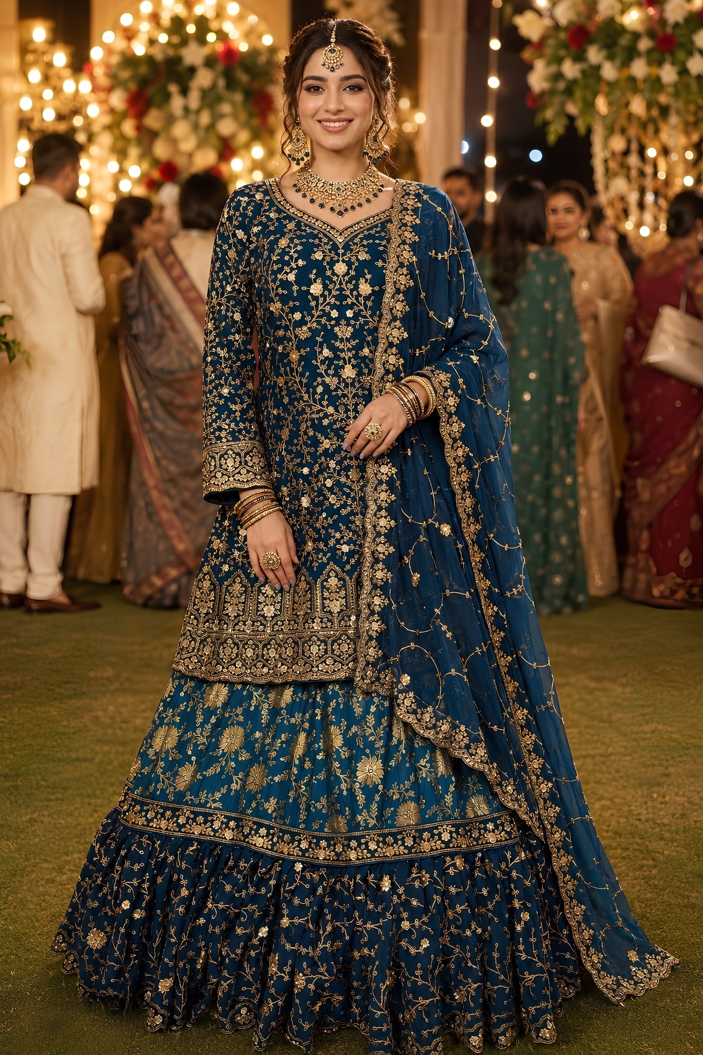 Royal Navy Blue Banarasi Silk Indo Western Lehenga with Heavy Embroidery Work for Women