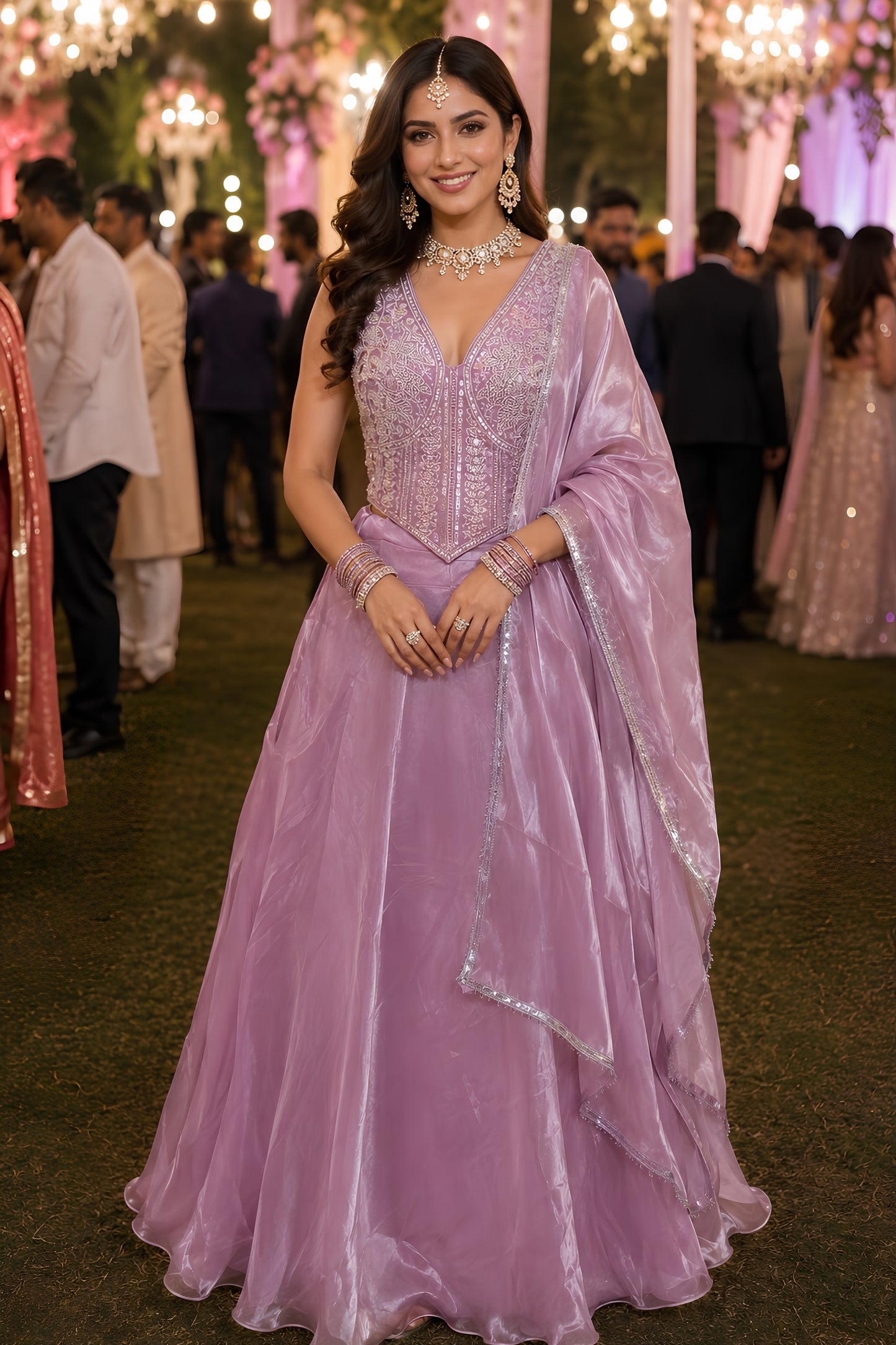 Elegant Lavender Fandy Silk Designer Lehenga Choli with Beads Work and Matching Dupatta