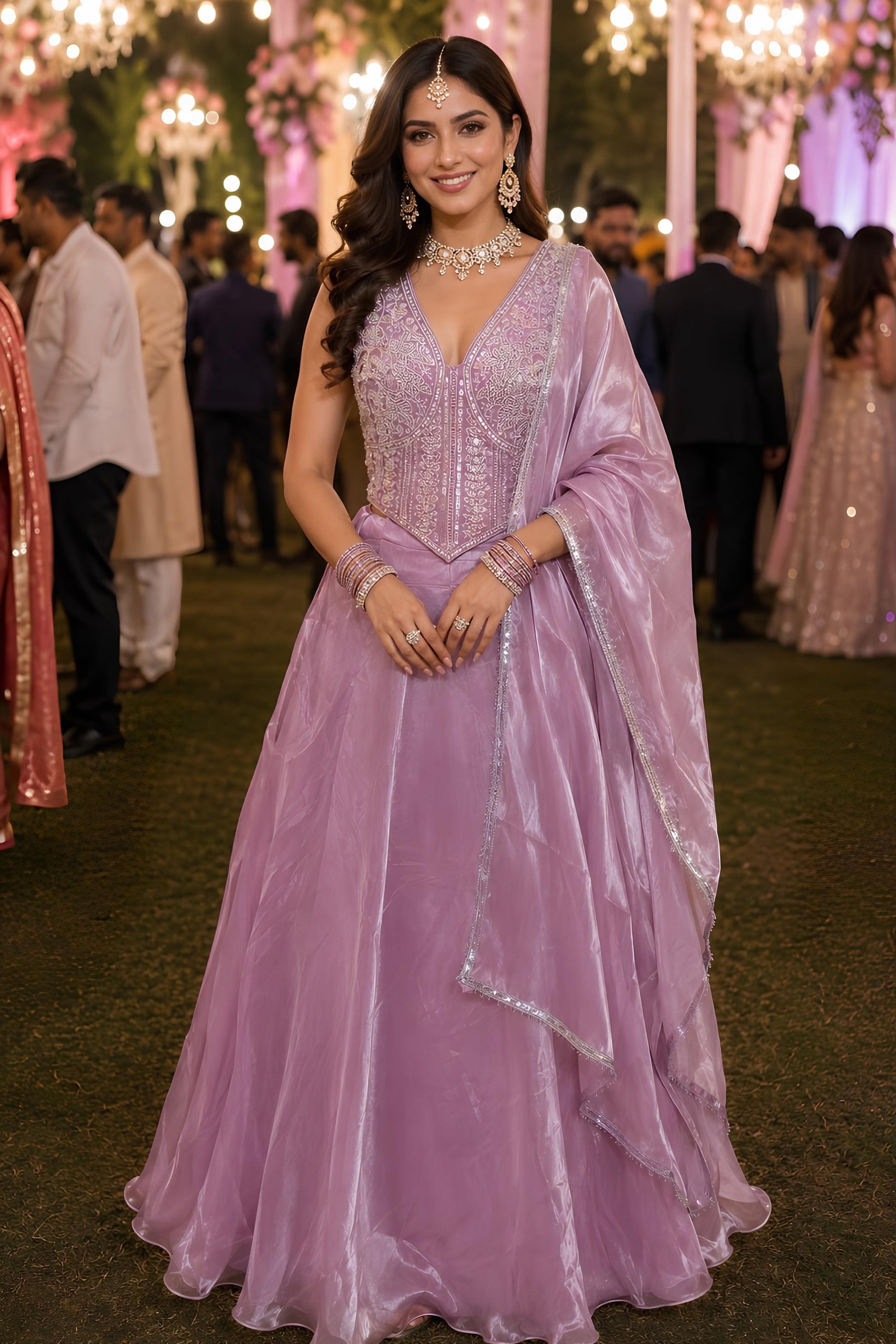 Elegant Lavender Fandy Silk Designer Lehenga Choli with Beads Work and Matching Dupatta