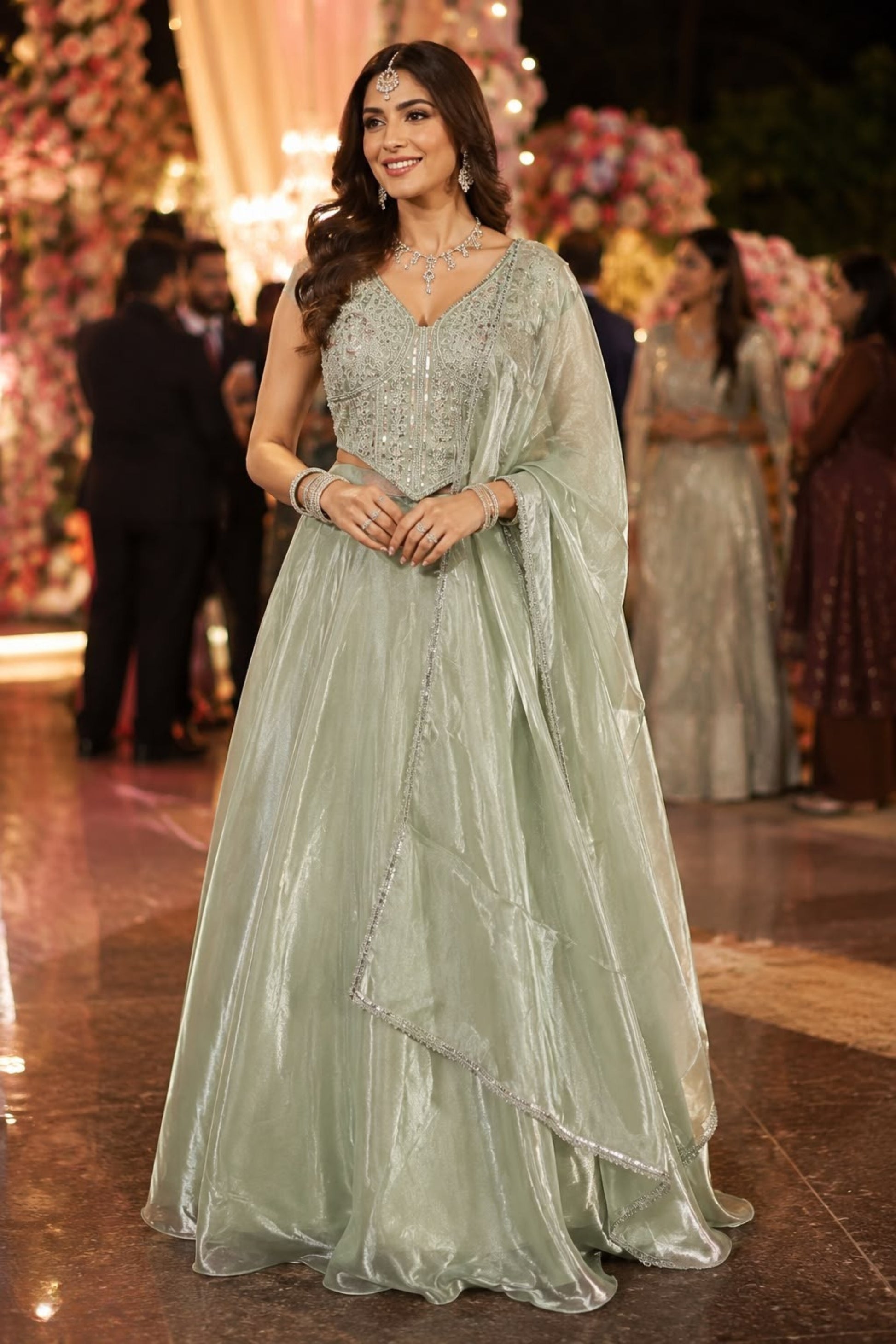 Charming Pista Green Fandy Silk Designer Lehenga Choli with Beads Work and Matching Dupatta