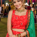 Stunning Red Crepe Satin Printed Designer Lehenga Choli with Contrast Green Dupatta