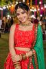 Stunning Red Crepe Satin Printed Designer Lehenga Choli with Contrast Green Dupatta