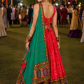 Stunning Red Crepe Satin Printed Designer Lehenga Choli with Contrast Green Dupatta